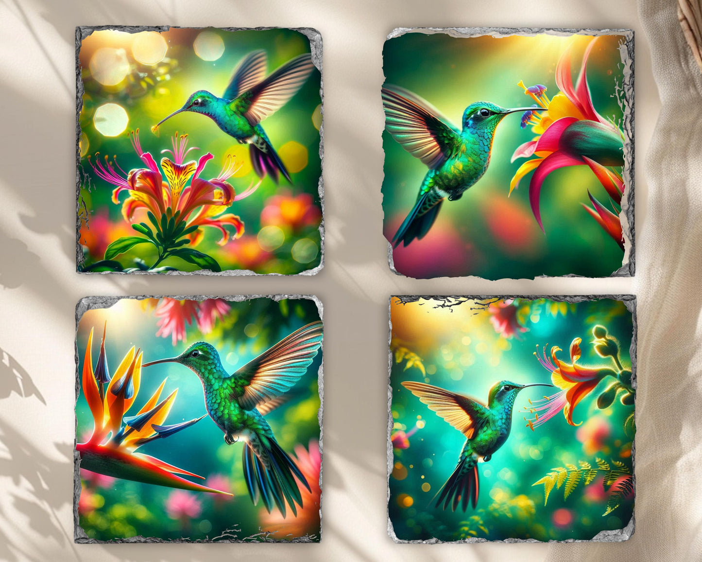 Hummingbird Slate Coaster Set - Colorful Floral Drink Coasters for Nature Enthusiasts