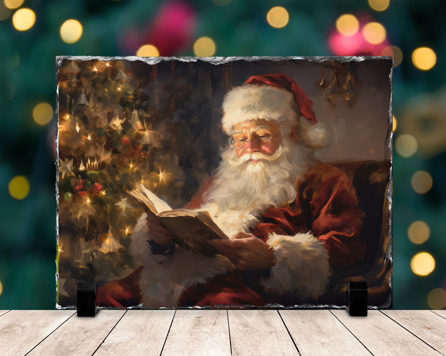 Watercolor Santa Slate Plaque - Holiday Decor with Fractured Edge Christmas Tree Reading Scene