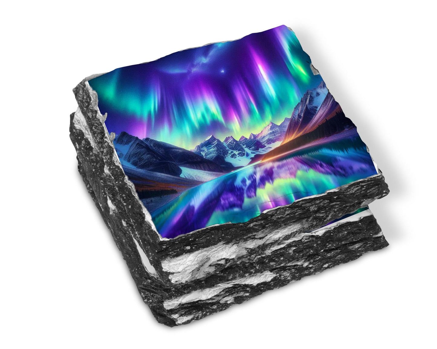 Northern Lights Slate Coaster Set with Rack - Rustic Mountain Lake Design Perfect for Holiday Gifting