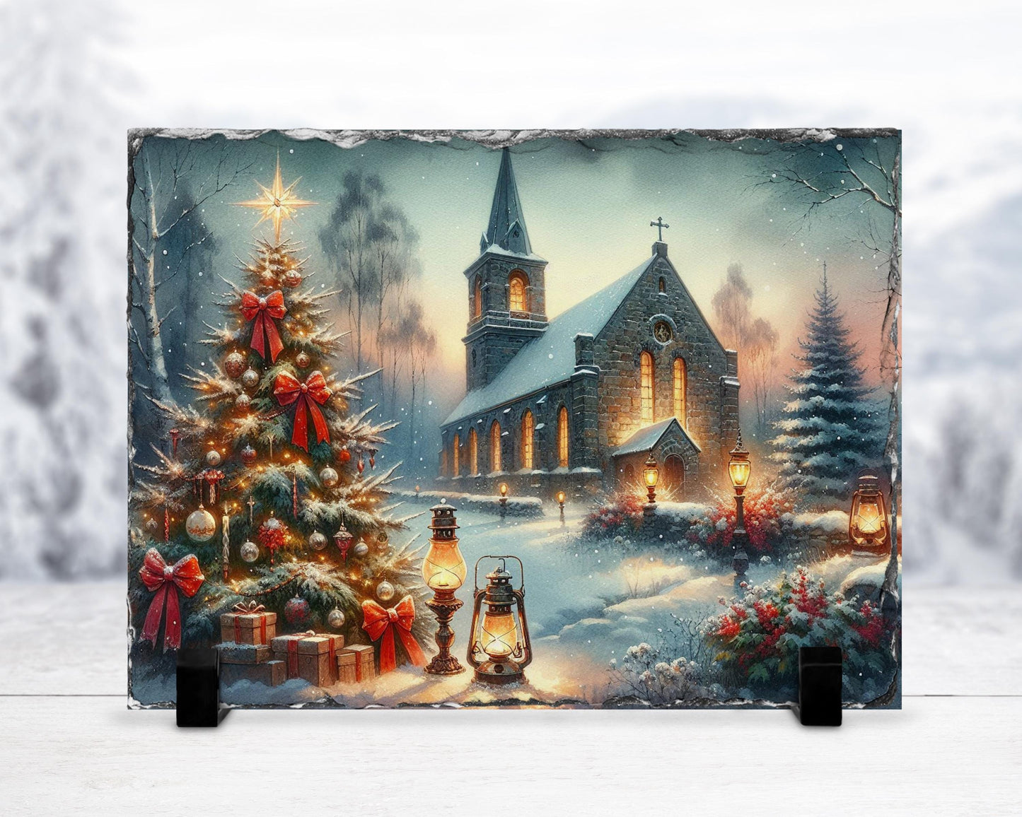 Vintage Winter Church Slate, Christmas Scene with Trees, Gifts & Oil Lamps