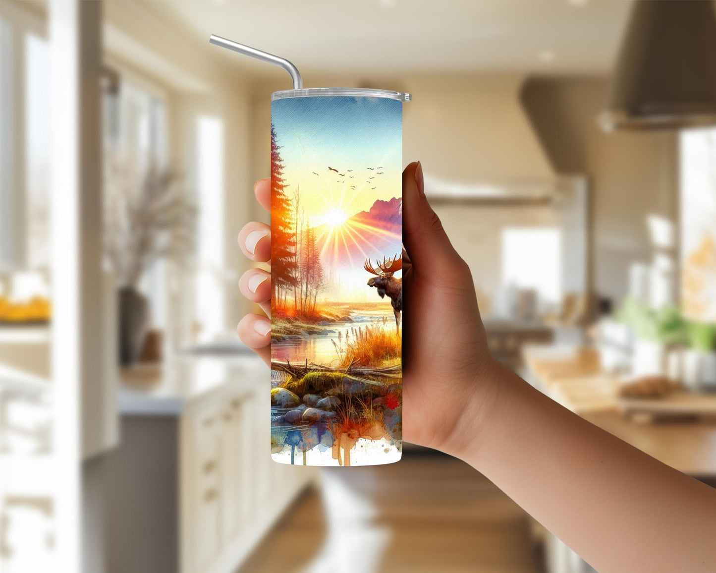 Moose Tumbler - Rustic Autumn Travel Cup with Mountain Sunset Scene for Nature Lovers