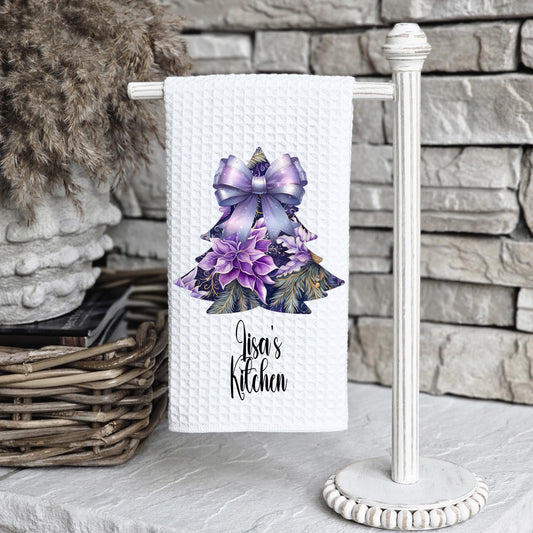 Personalized Purple Christmas Tree Kitchen Towel - Waffle Weave Holiday Decor