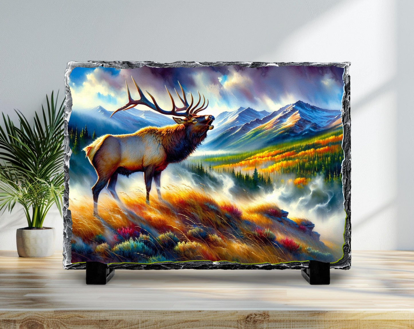 Bugling Elk Slate Plaque - Fall Morning Fog Mountain Valley Wildlife Art for Rustic Cabin Decor