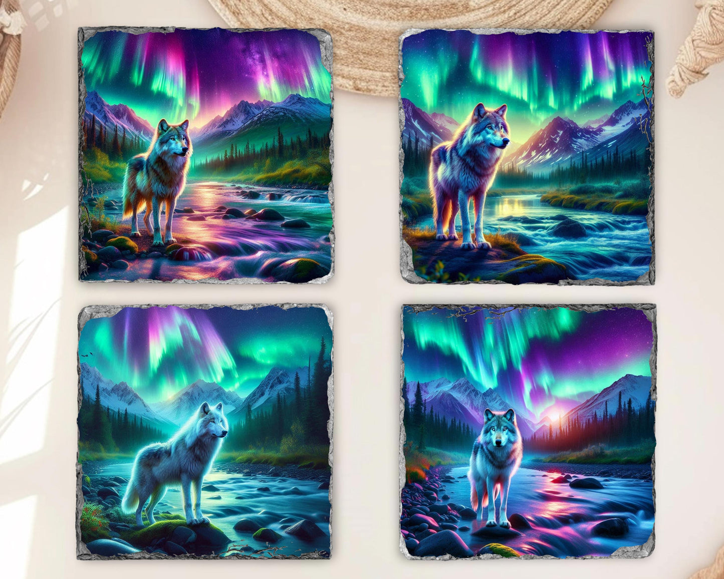Northern Lights Wolf Slate Coaster Set - Rustic Cabin Decor Gift