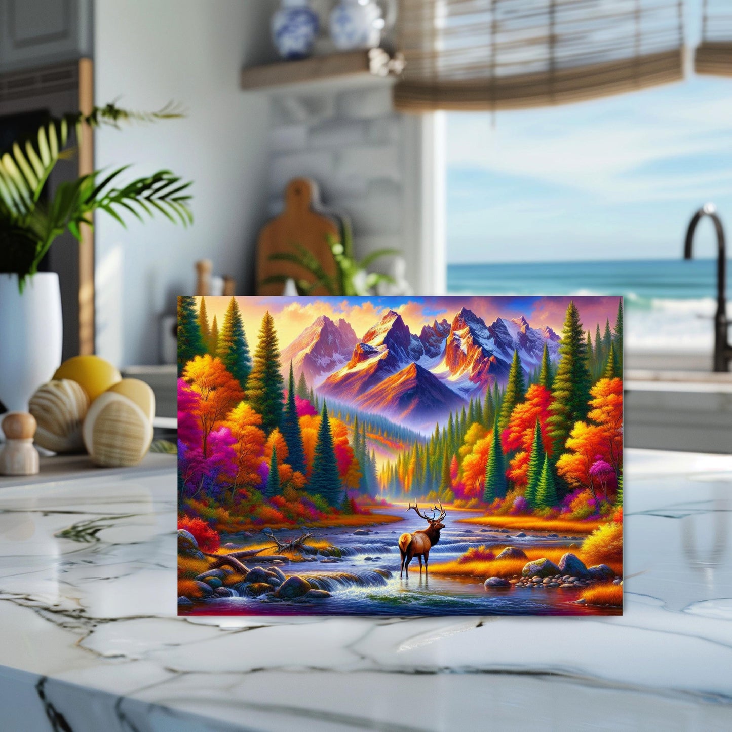 Glass Cutting Board with Elk in Mountain River Design - Fall Wildlife Kitchen Decor