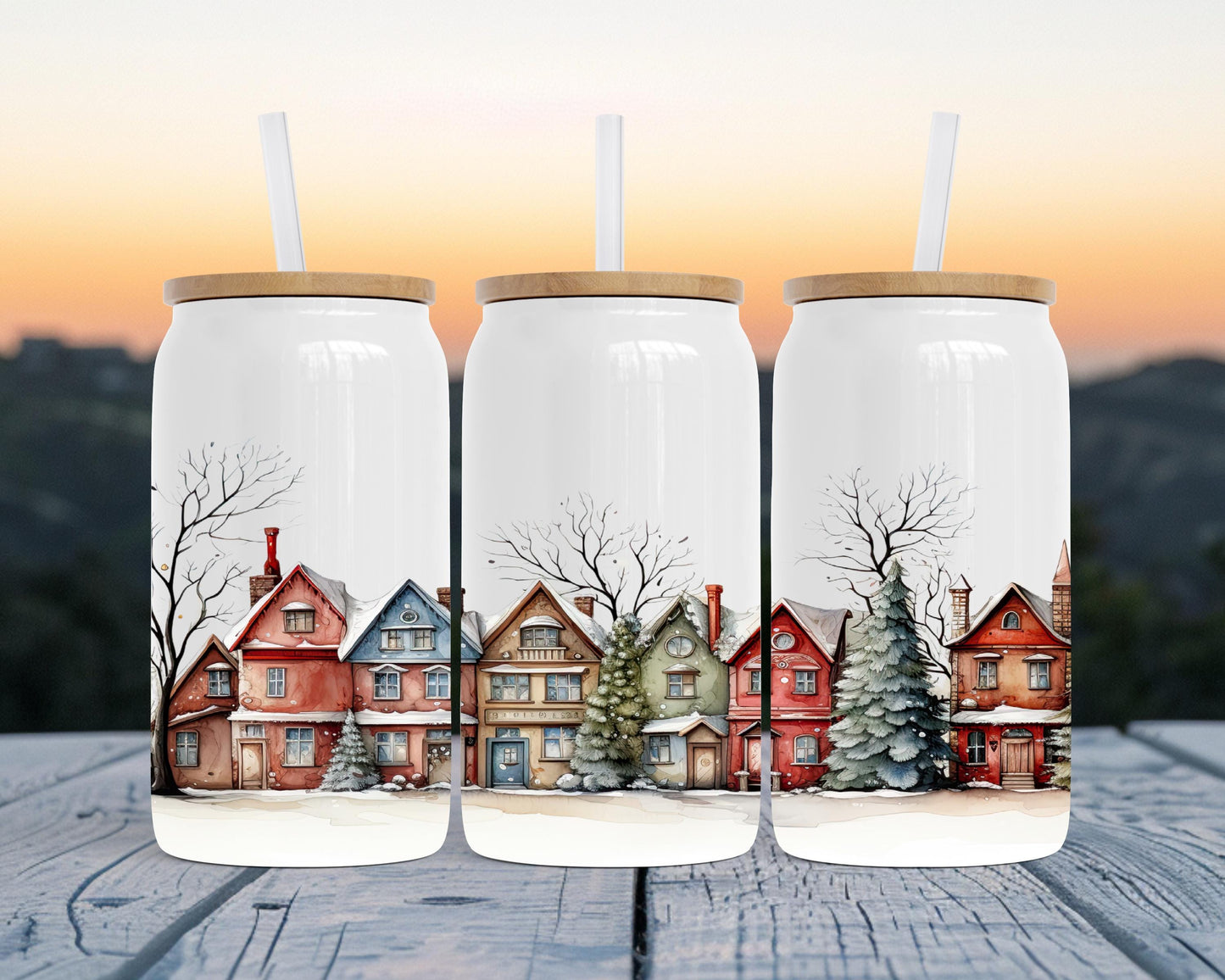 Winter Vintage Houses 16oz Insulated Soda Can with Bamboo Lid