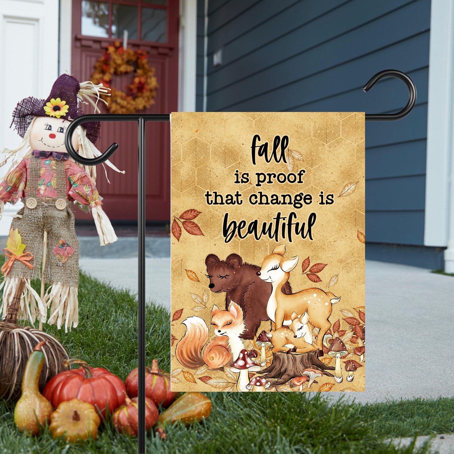 Double-Sided Woodland Creatures Fall Garden Flag with Change is Beautiful Quote - 12x18 Inch