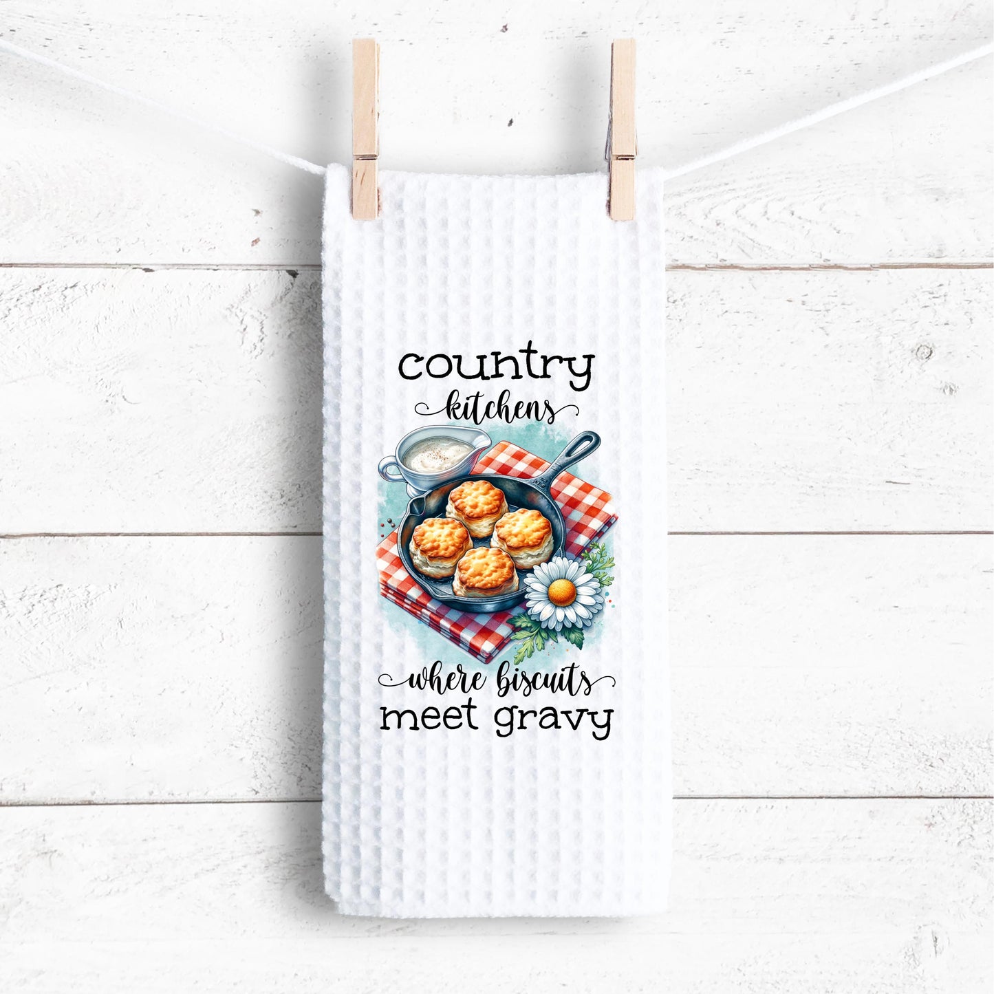 Country Kitchen Waffle Weave Towel, Charming Rustic Farmhouse Towel, Unique Hostess Gift, Cute Towel for Mom, Farmhouse Charm, Biscuit Theme