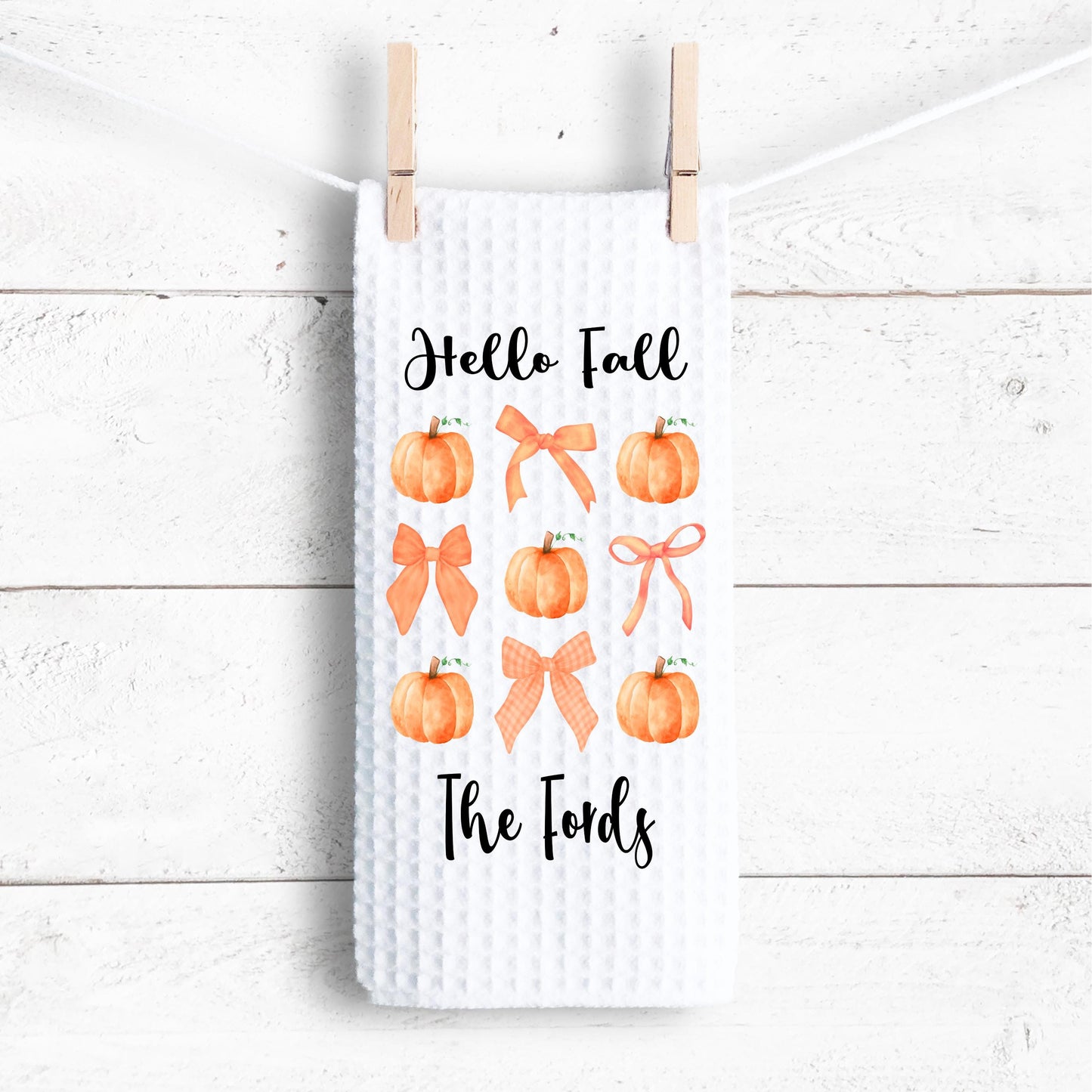 Personalized Hello Fall Waffle Weave Towel, Autumn Waffle Weave Towel, Unique Hostess Gift, Custom Kitchen Decor, Fall Theme Towel