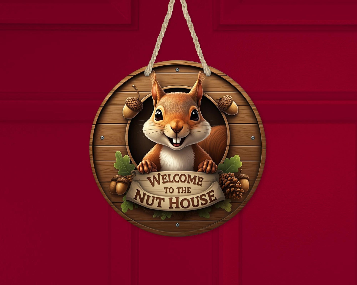 10 Round Nut House Door Wreath with Squirrel - Quirky Front Door Decor Unique Gift for Squirrel Lovers