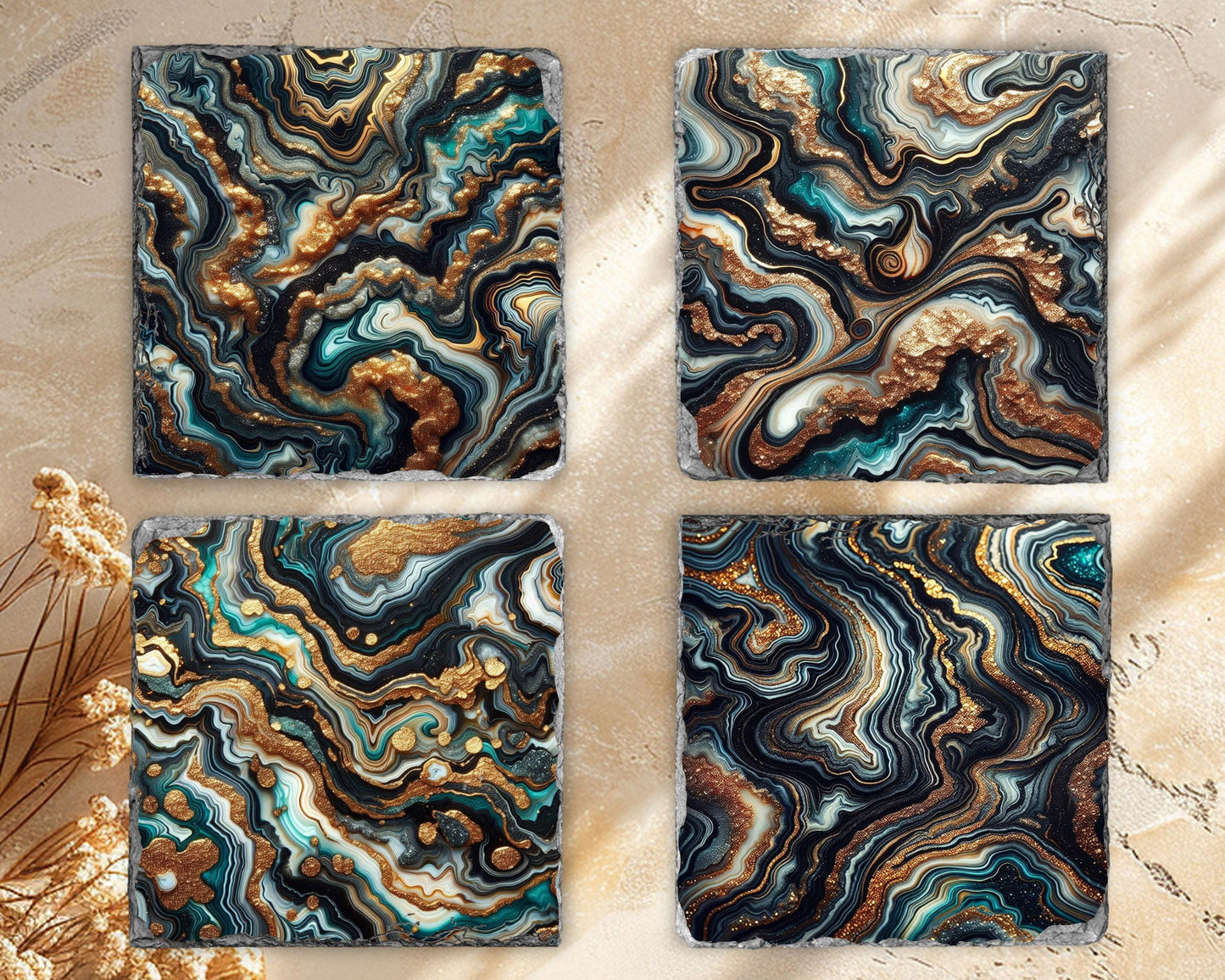 Black and Gold Agate Coaster Set with Faux Glitter - Elegant Hostess Gift and Holiday Present