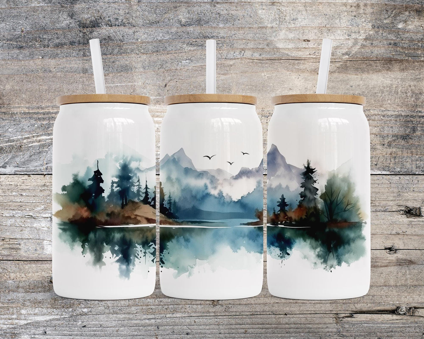 Unique 16 oz Stainless Steel Soda Can, Mountain Landscape Watercolor Design