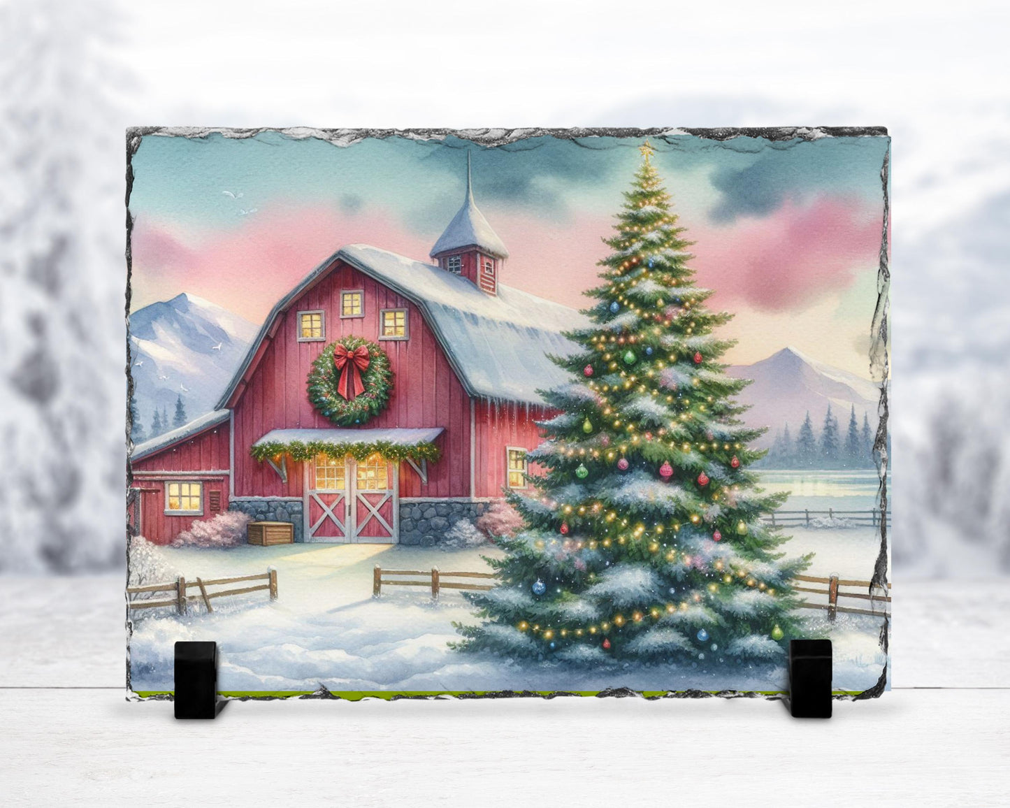Watercolor Barn Slate - Snowy Mountain Christmas Decor