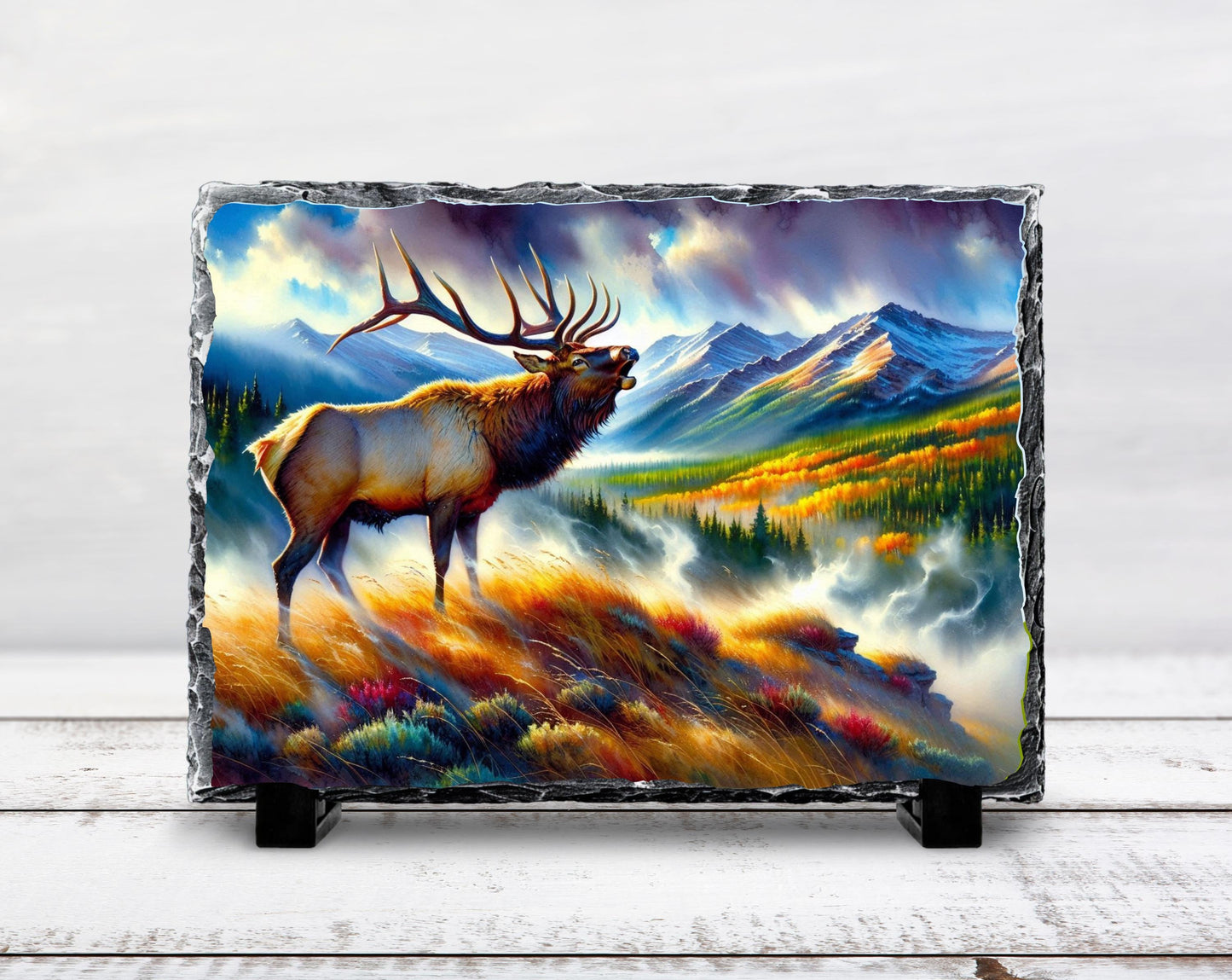 Bugling Elk Slate Plaque - Fall Morning Fog Mountain Valley Wildlife Art for Rustic Cabin Decor
