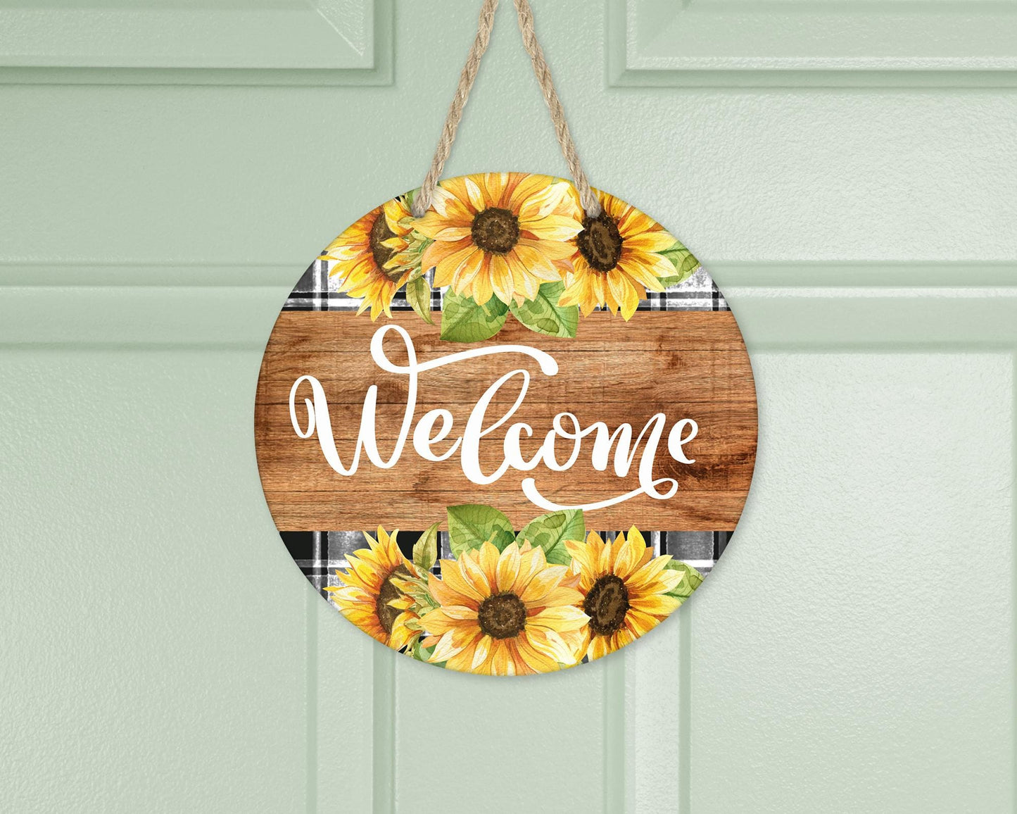 Aluminum Welcome Sign with Buffalo Plaid and Sunflowers - Unique Front Door Decor Housewarming Gift