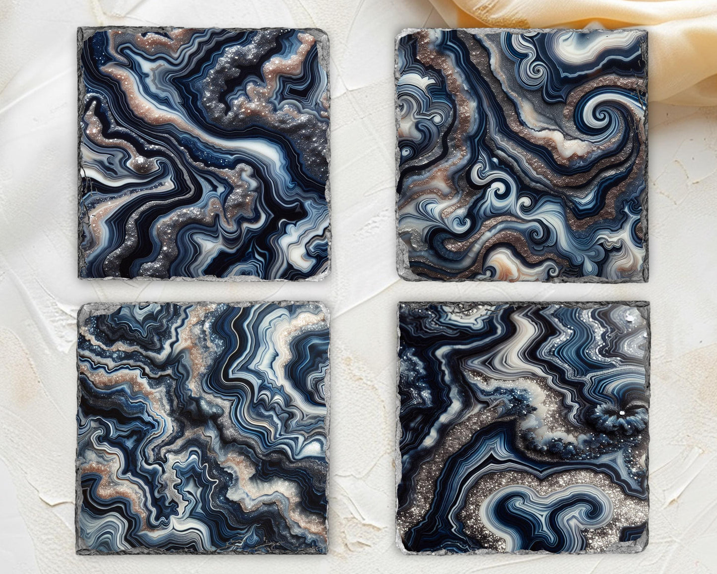 Navy Blue Silver Agate Pattern Slate Coasters - Set of 4 Ideal Housewarming Gift for Boho Home Decor
