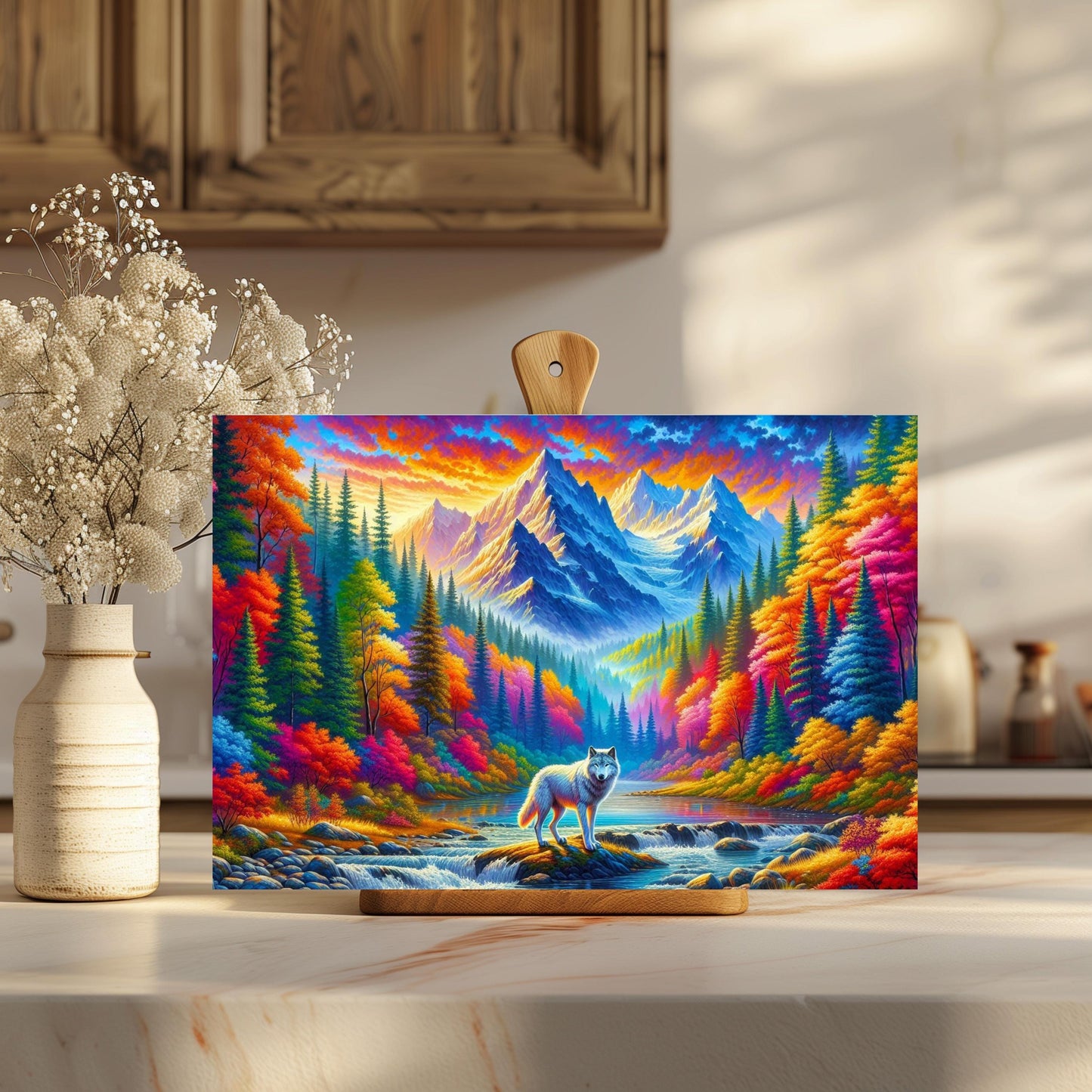 Vibrant Wolf Glass Cutting Board 11x15 Inch Fall Mountains Design - Unique Hostess Gift