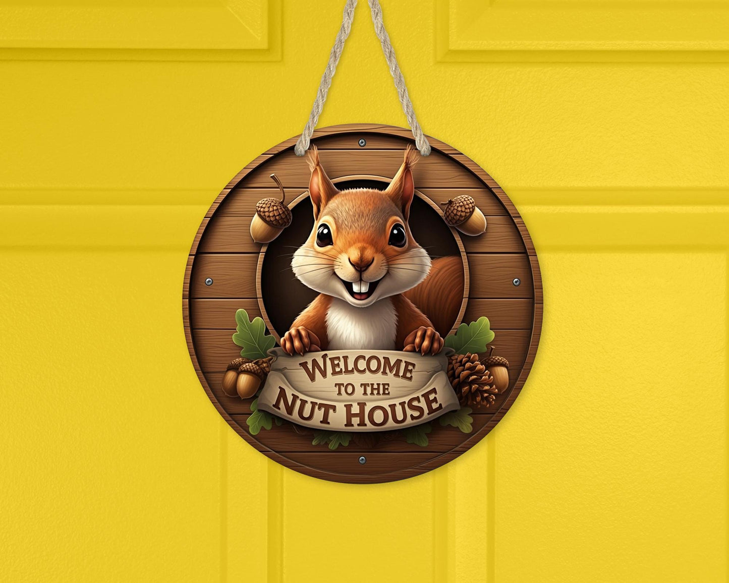 10 Round Nut House Door Wreath with Squirrel - Quirky Front Door Decor Unique Gift for Squirrel Lovers