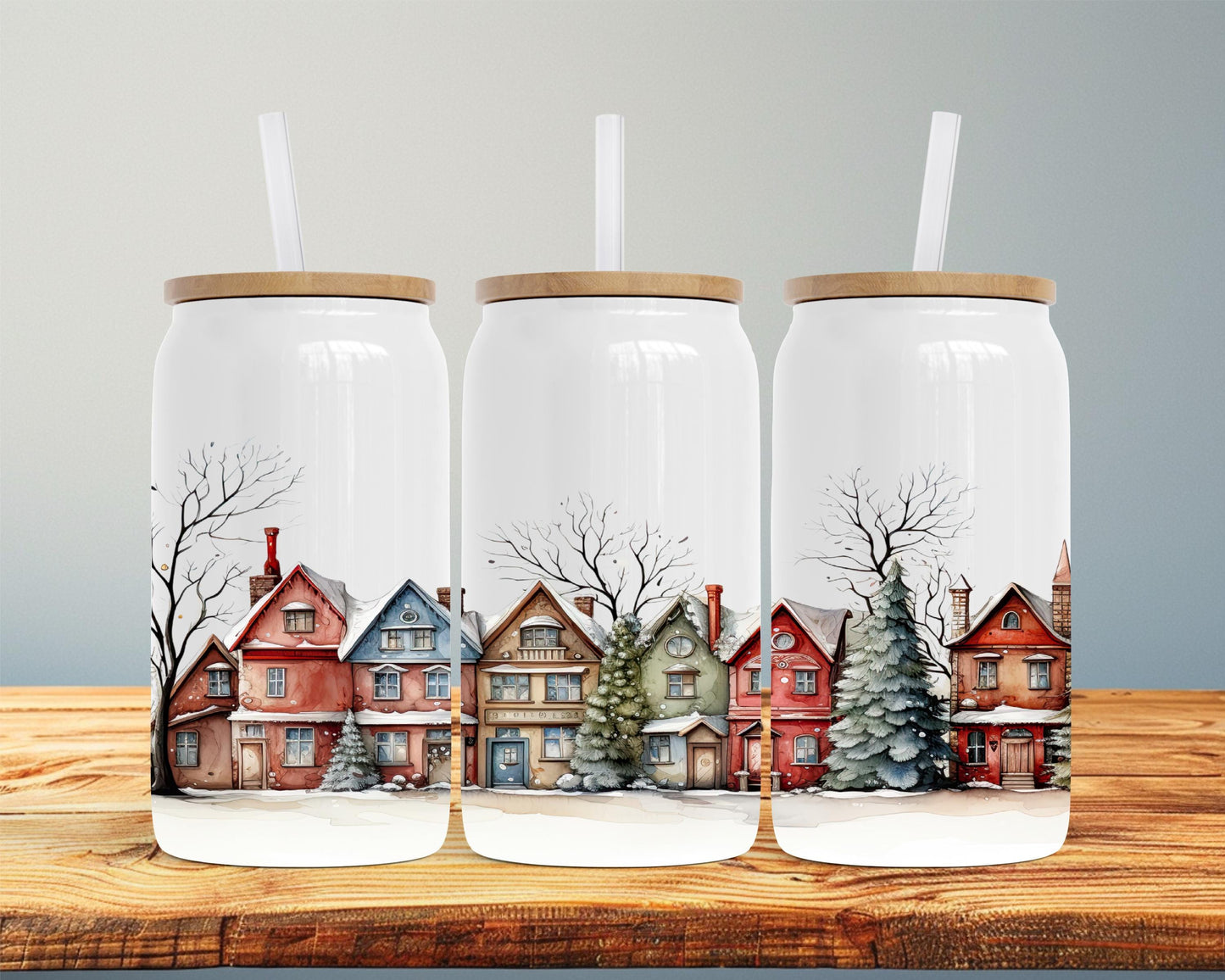 Winter Vintage Houses 16oz Insulated Soda Can with Bamboo Lid