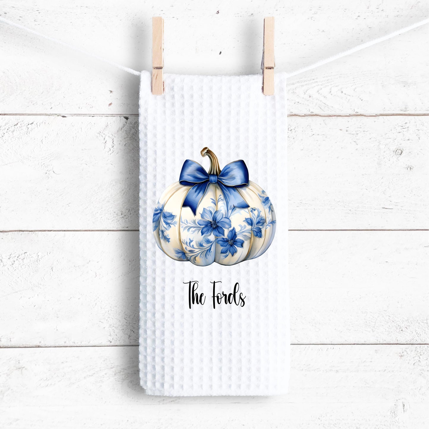 Custom Name Waffle Weave Towel, Chinoiserie Coquette Pumpkin & Blue Bow
