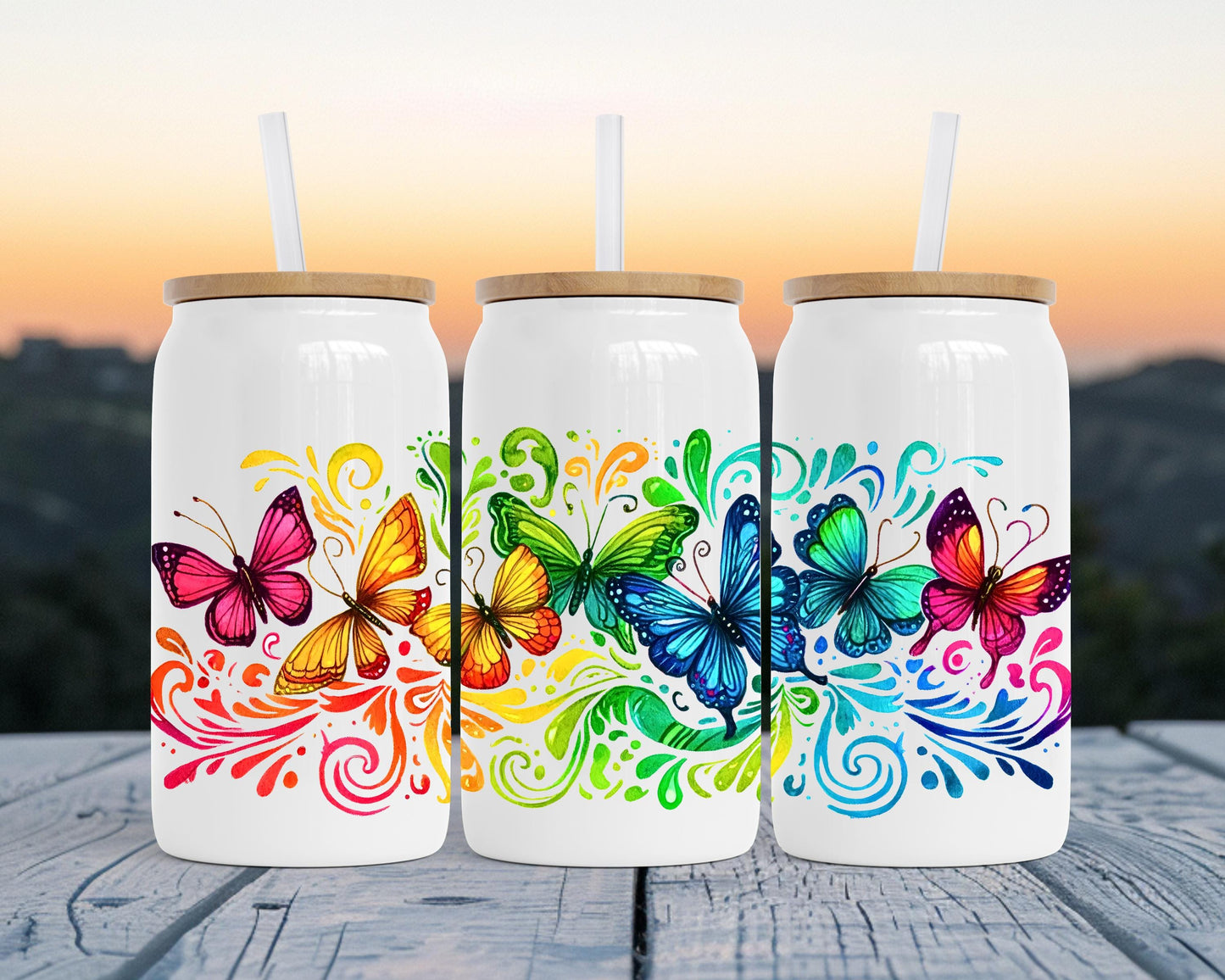 Rainbow Butterfly Insulated Tumbler, 16oz Stainless Steel Travel Cup, Butterfly Gift for Her