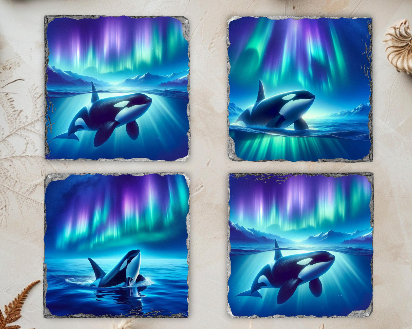 Ocean Orca Coasters Set of 4 Unique Northern Lights Decor for Whale Lovers