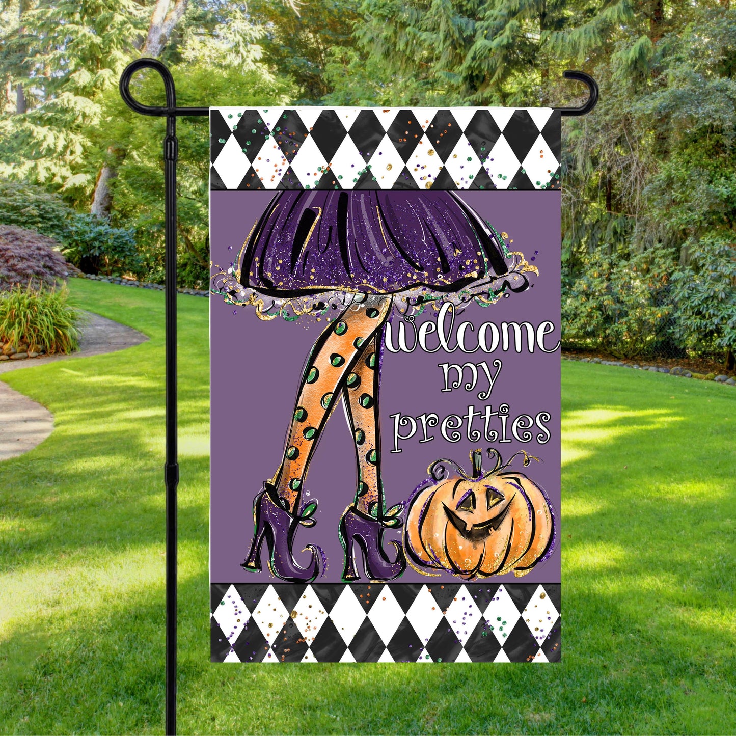 Double-Sided Halloween Garden Flag - 12x18 Inch Witch Legs Welcome My Pretties