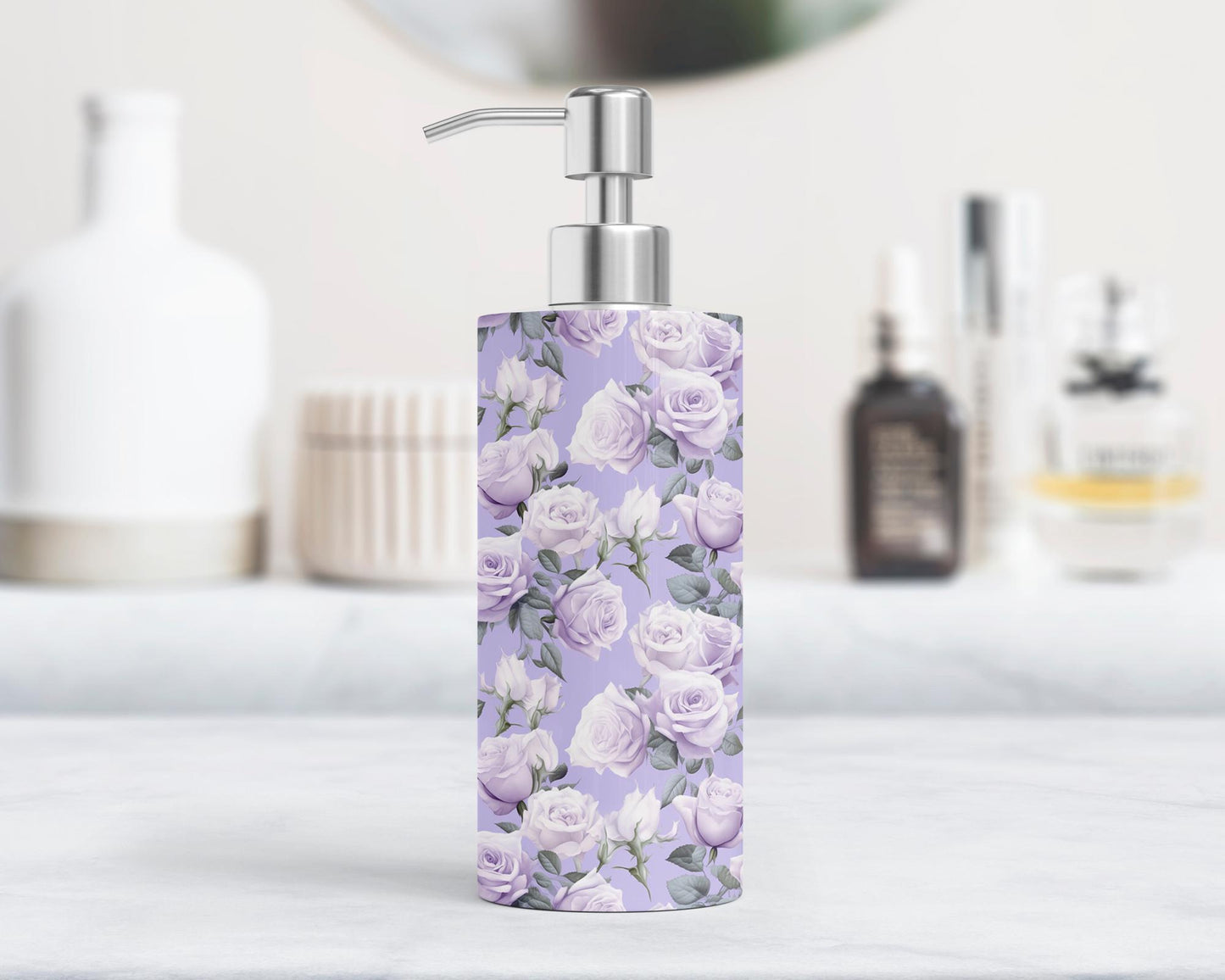 Stainless Steel Hand Soap or Lotion Pump Dispenser with Elegant Purple Roses - Unique Housewarming Gift for Her