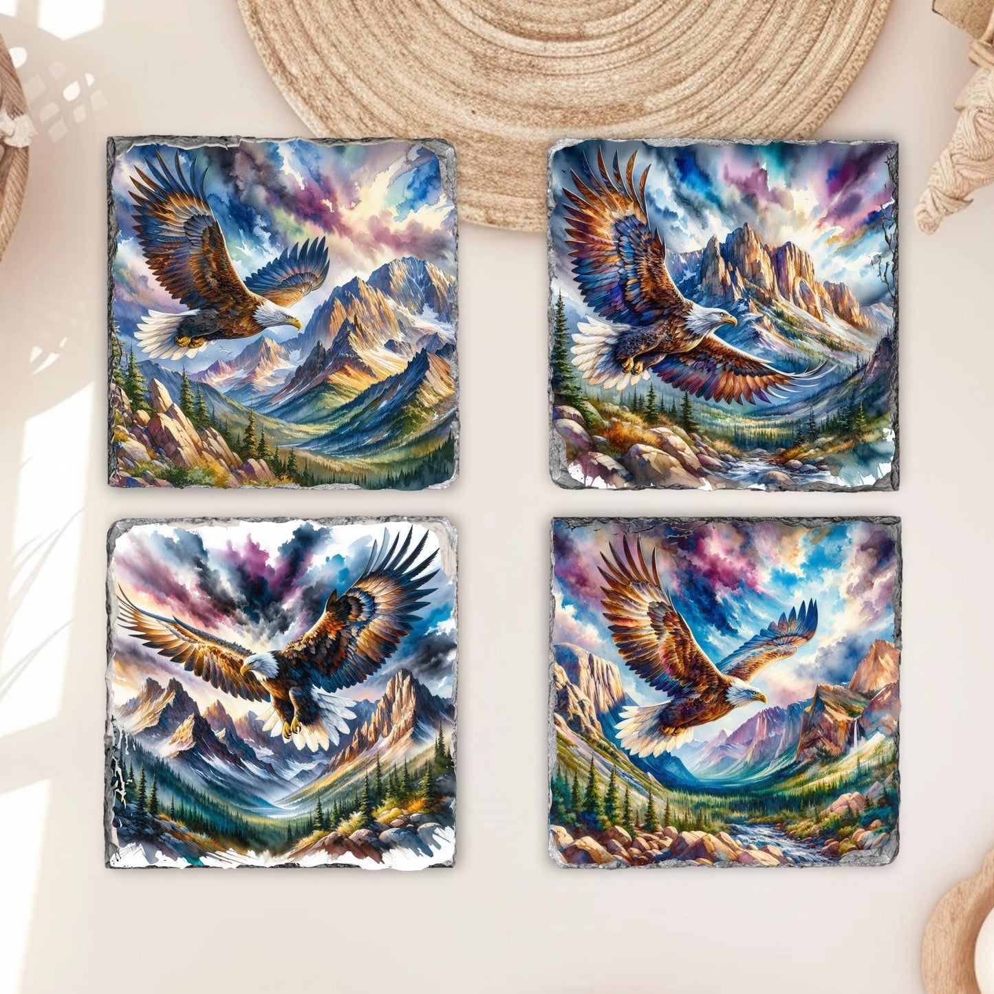 Eagle and Mountain Watercolor Slate Coaster Set with Fractured Edges Perfect Rustic Gift for Wilderness Enthusiasts