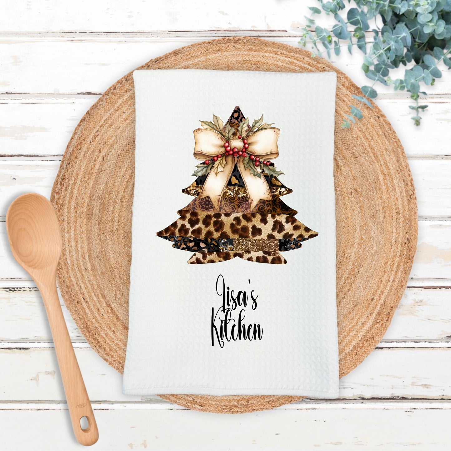Personalized Leopard Print Kitchen Towel - Christmas Waffle Weave Microfiber Gift