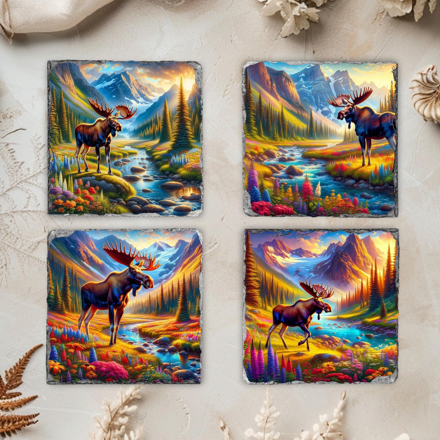 Slate Coaster Set with Moose Mountain Views - Fractured Edges Ideal Nature Lover Gift