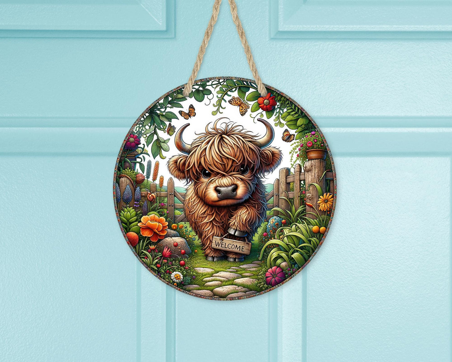 Colorful Baby Highland Cow Door Wreath, 10x10 Aluminum Round Sign with Flowers, Unique Gifts for Cow Lovers, Whimsical Decor, Housewarming