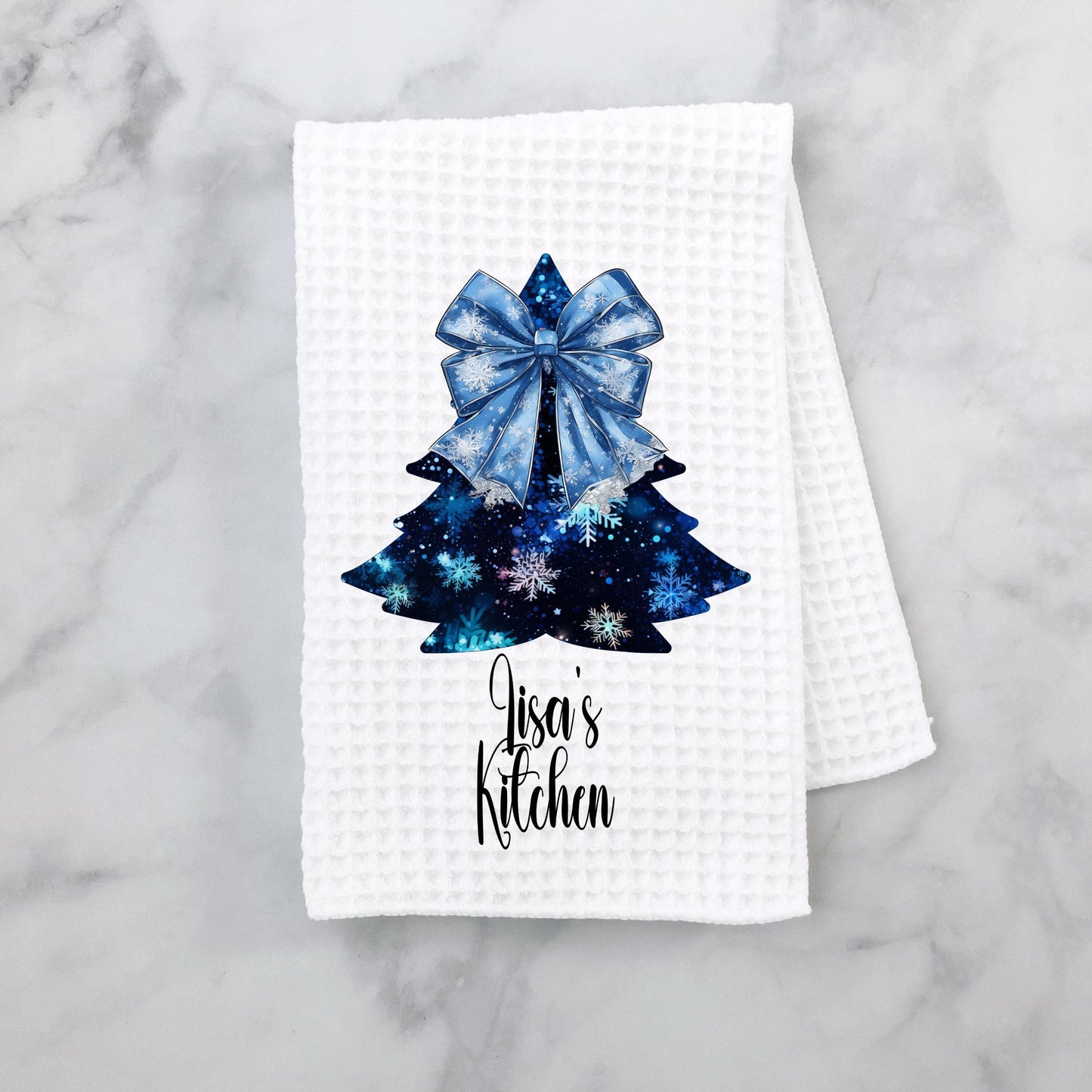 Personalized Blue Christmas Tree Kitchen Towel - Unique Holiday Decor Gift
