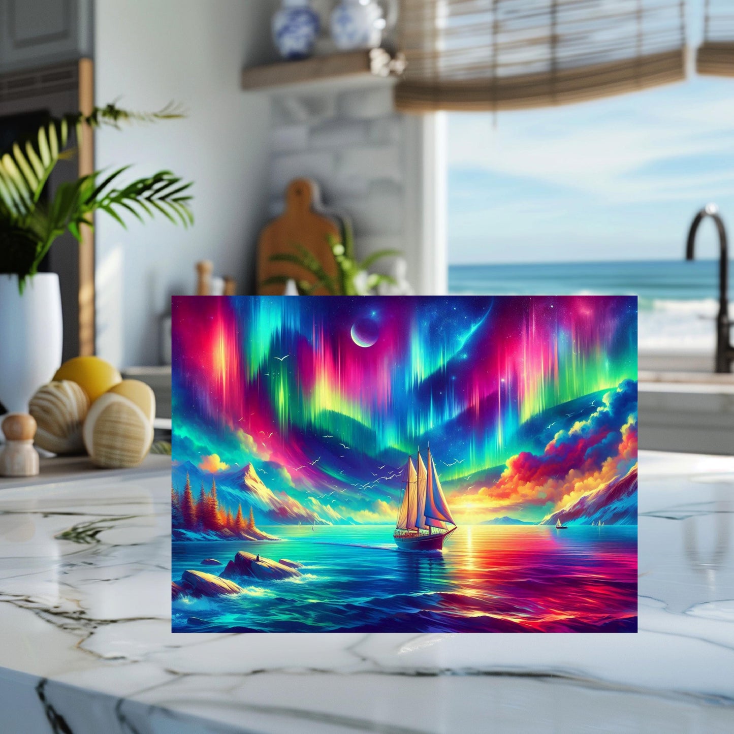 Nautical Sailboat Glass Cutting Board - Northern Lights Inspired Kitchen Decor