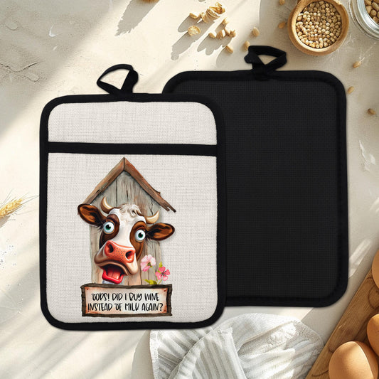 Funny Cow Pot Holder with Quirky Barn  Flower Design - Oops Did I Buy Wine Instead of Milk Linen Hot Pad