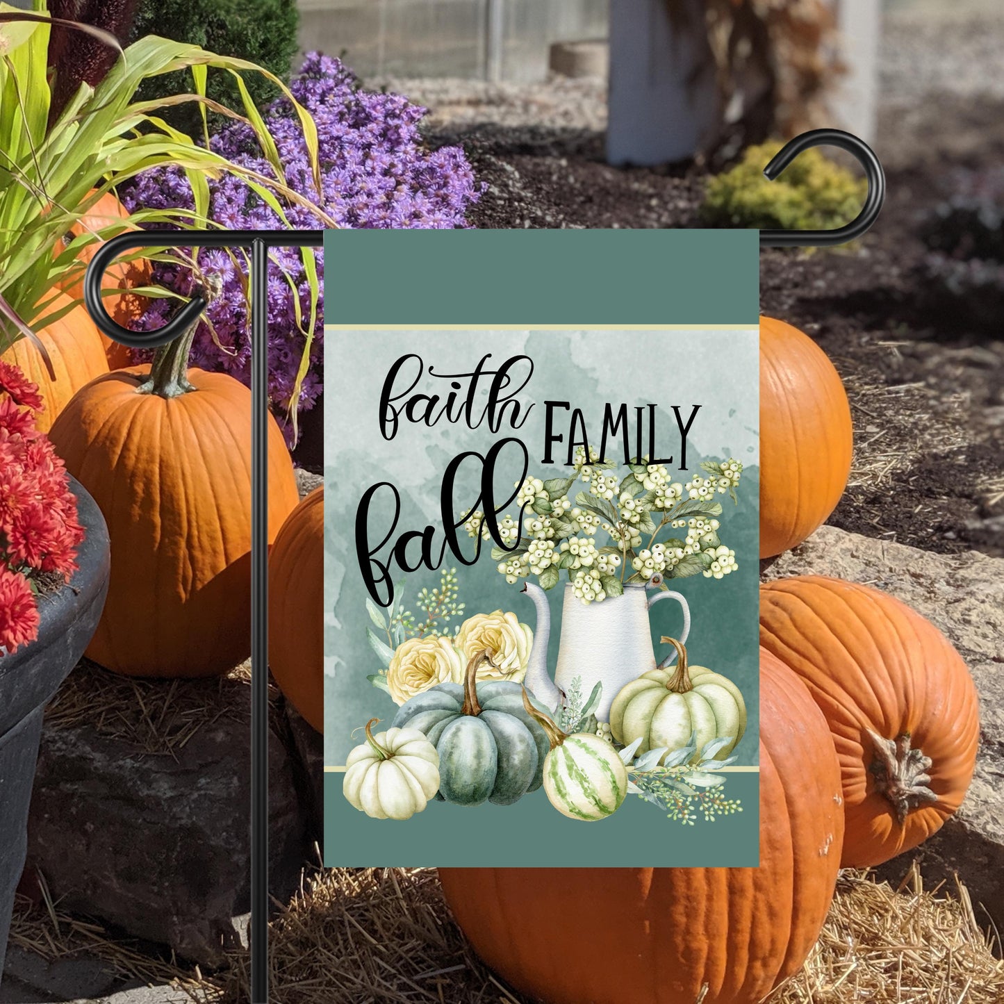 Teal Blue Fall Garden Flag with Faith Family Quote - Double-Sided 12x18 Inch Decor