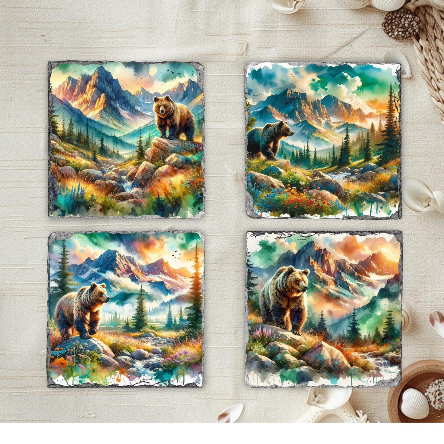 Brown Bear Mountain Watercolor Slate Coaster Set with Black Rack Unique Nature Gift for Wildlife Enthusiasts