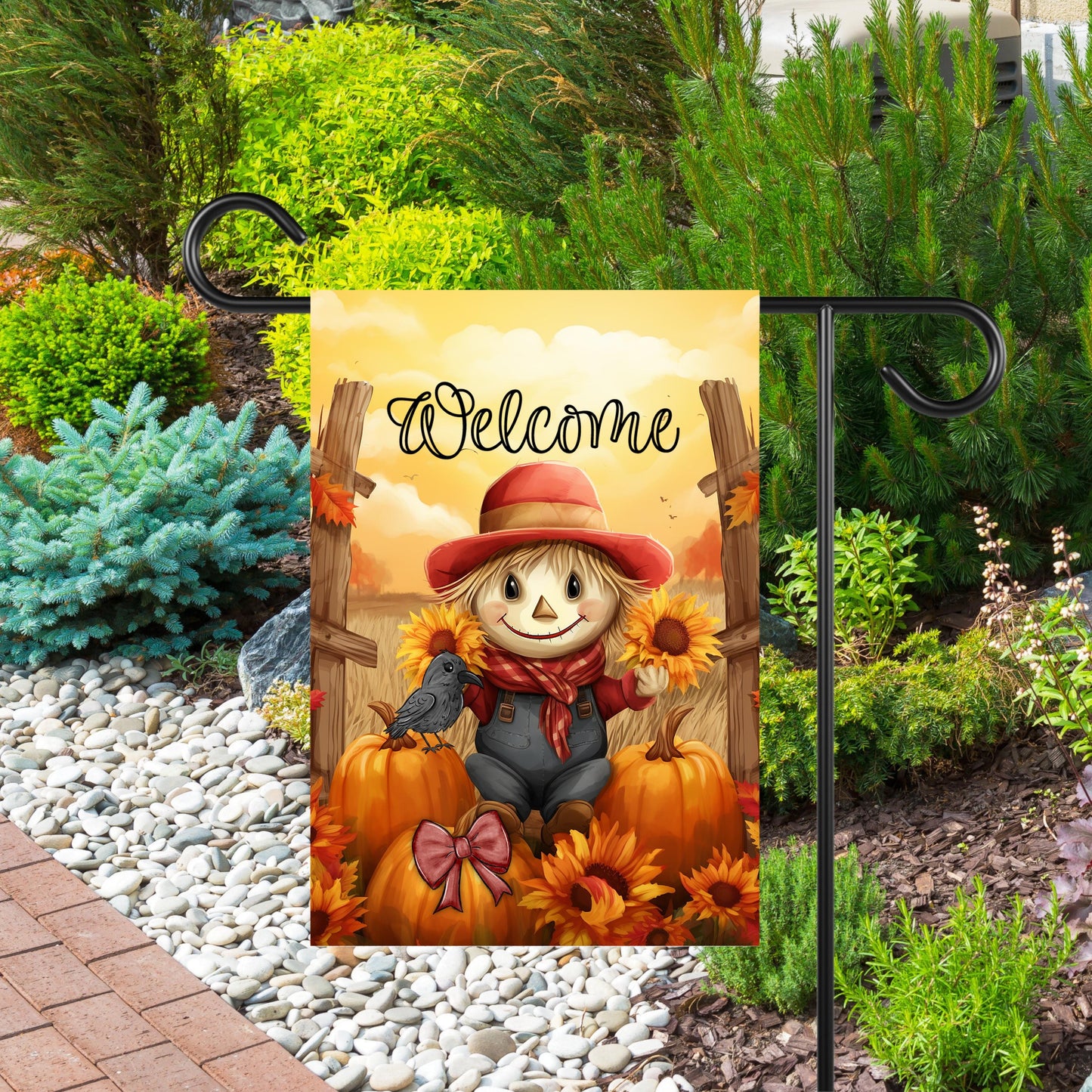 Double-Sided Garden Flag Featuring Scarecrow Pumpkins Sunflowers and Autumn Sunset