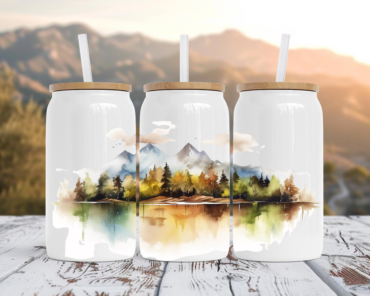Eco-Friendly Stainless Steel Soda Can with Bamboo Lid, Mountain Watercolor Print