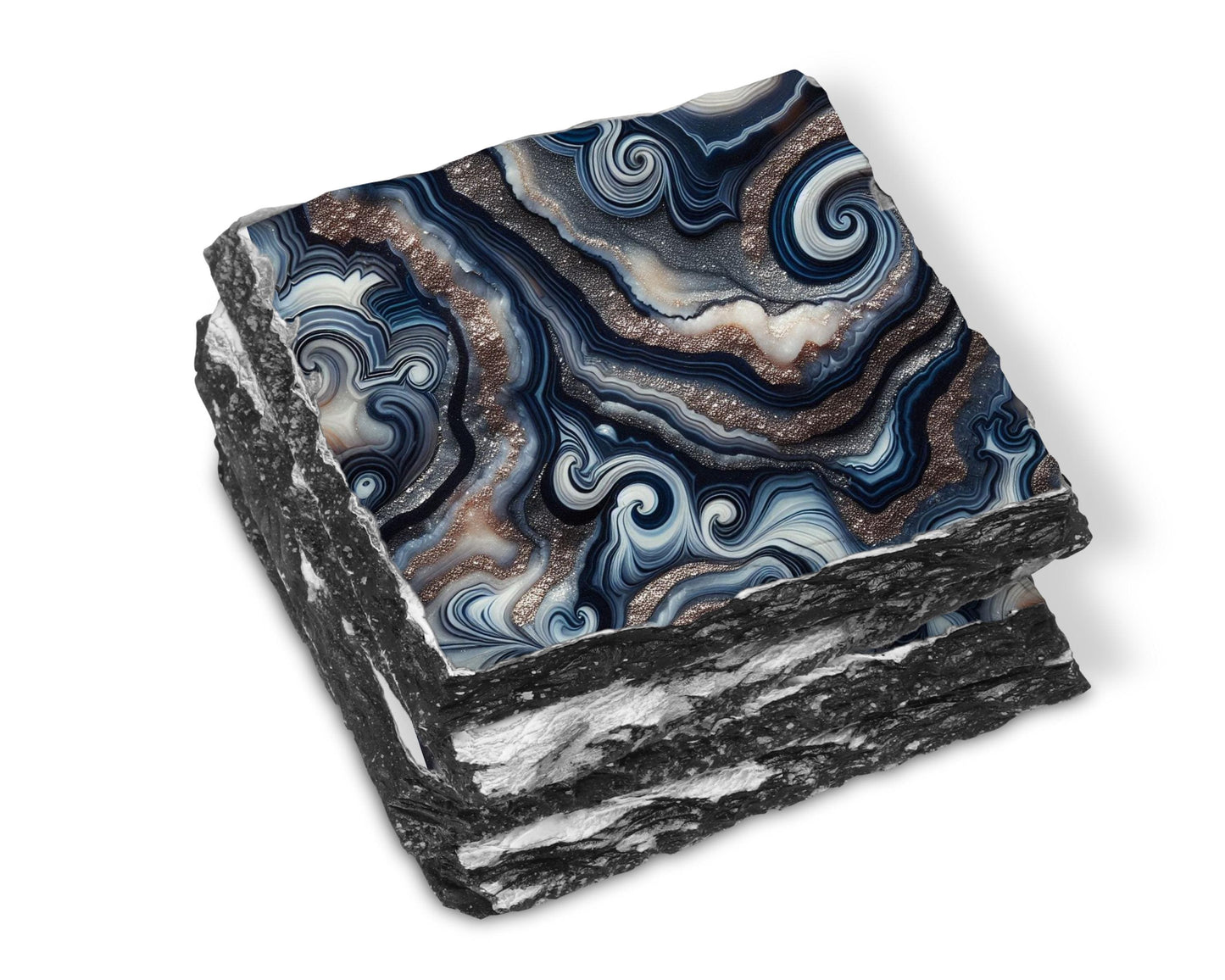 Navy Blue Silver Agate Pattern Slate Coasters - Set of 4 Ideal Housewarming Gift for Boho Home Decor