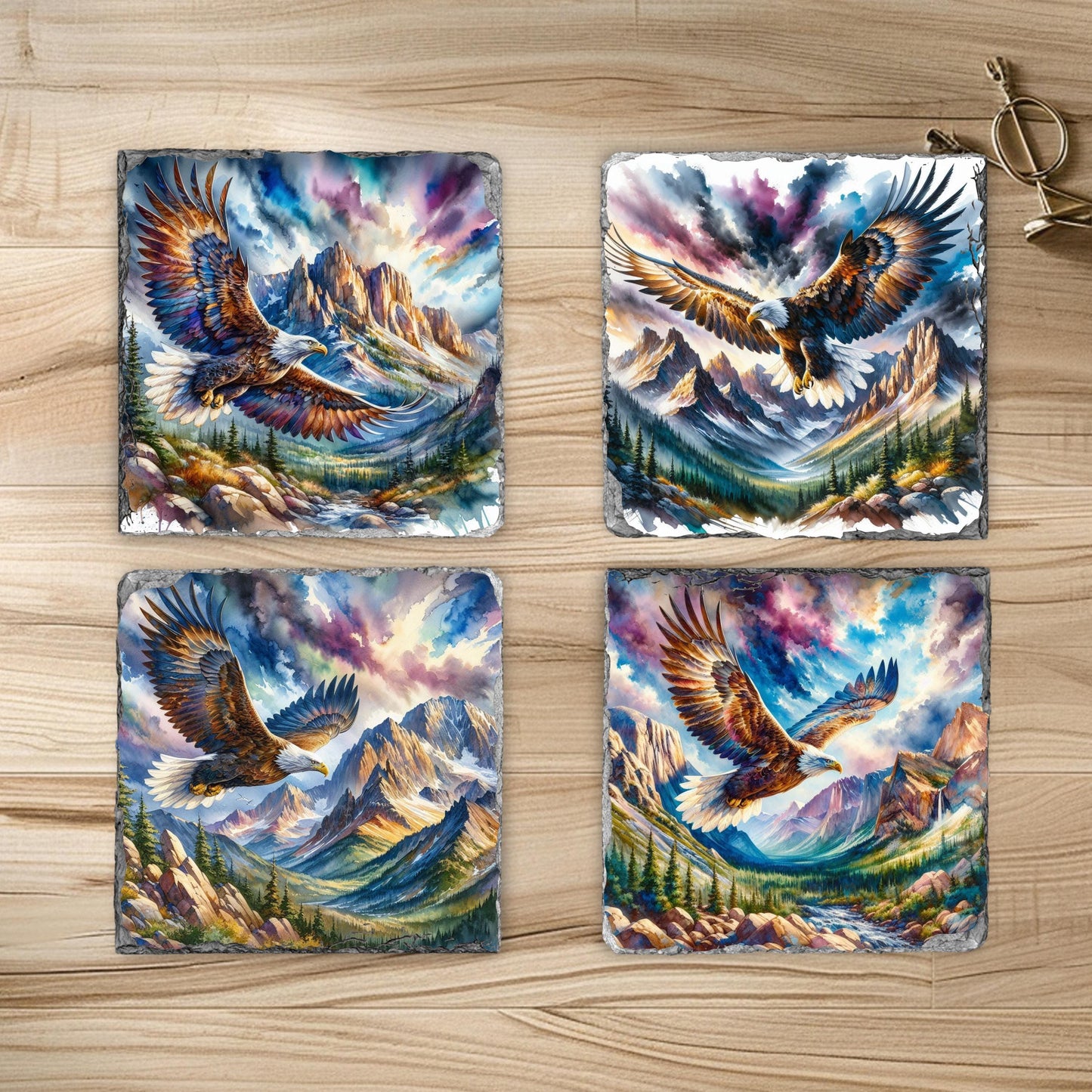 Eagle and Mountain Watercolor Slate Coaster Set with Fractured Edges Perfect Rustic Gift for Wilderness Enthusiasts