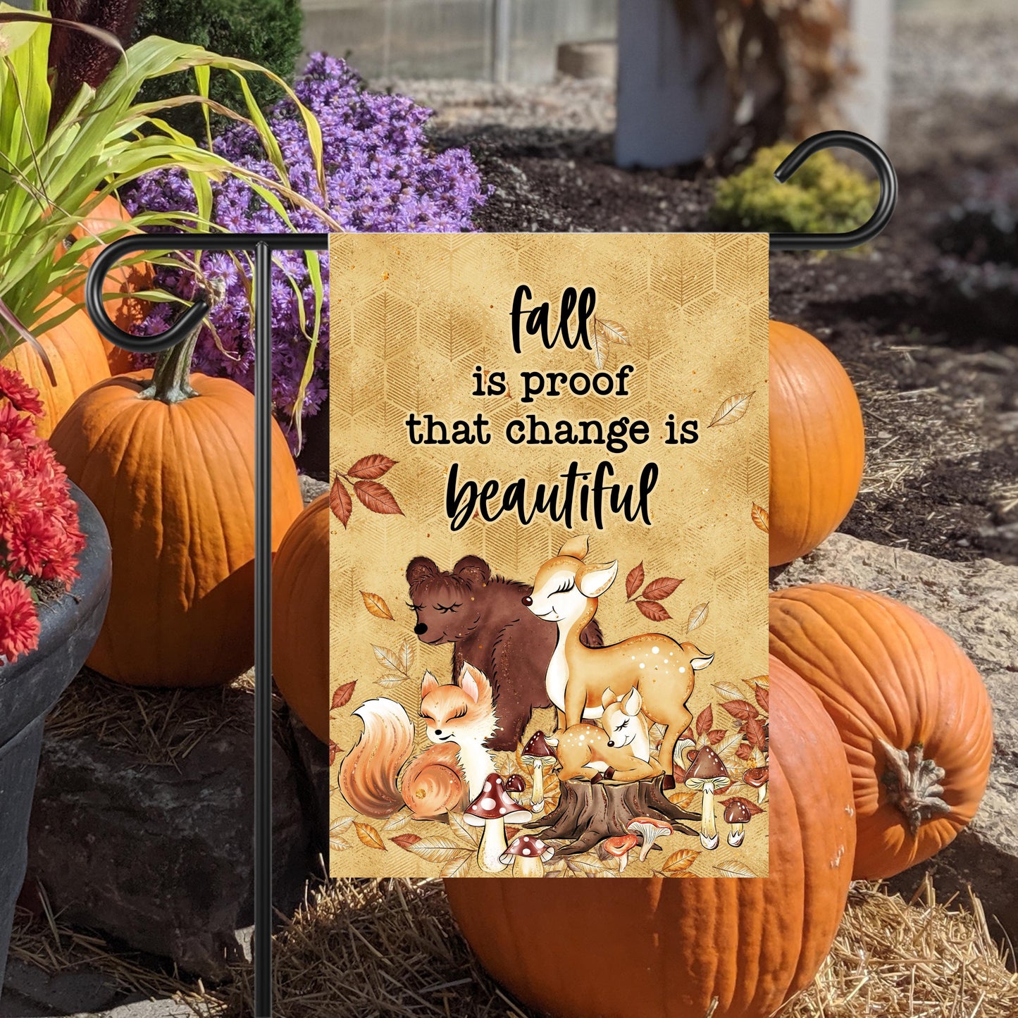 Double-Sided Woodland Creatures Fall Garden Flag with Change is Beautiful Quote - 12x18 Inch