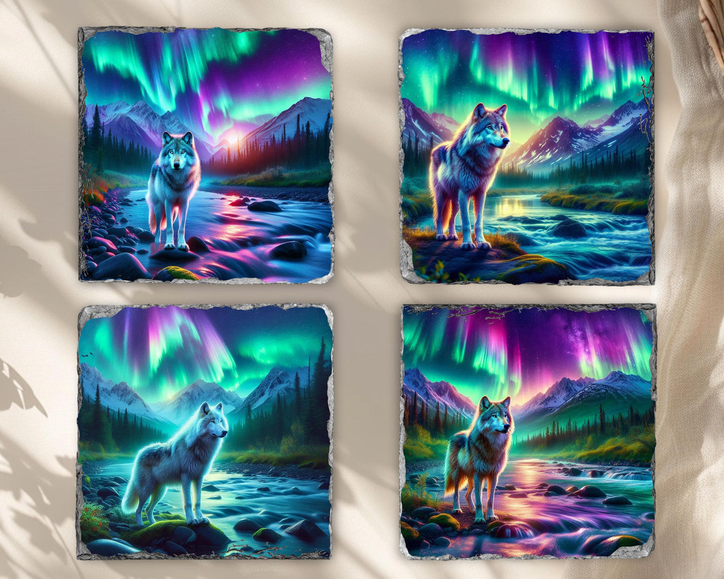 Northern Lights Wolf Slate Coaster Set - Rustic Cabin Decor Gift