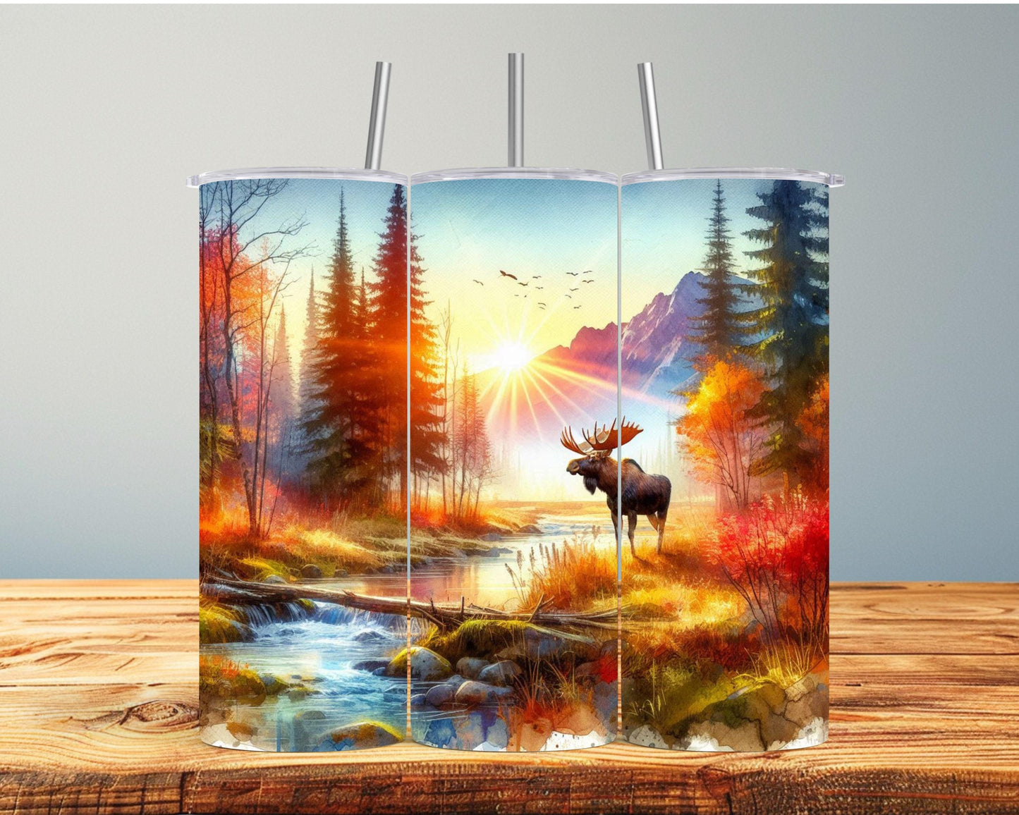 Moose Tumbler - Rustic Autumn Travel Cup with Mountain Sunset Scene for Nature Lovers