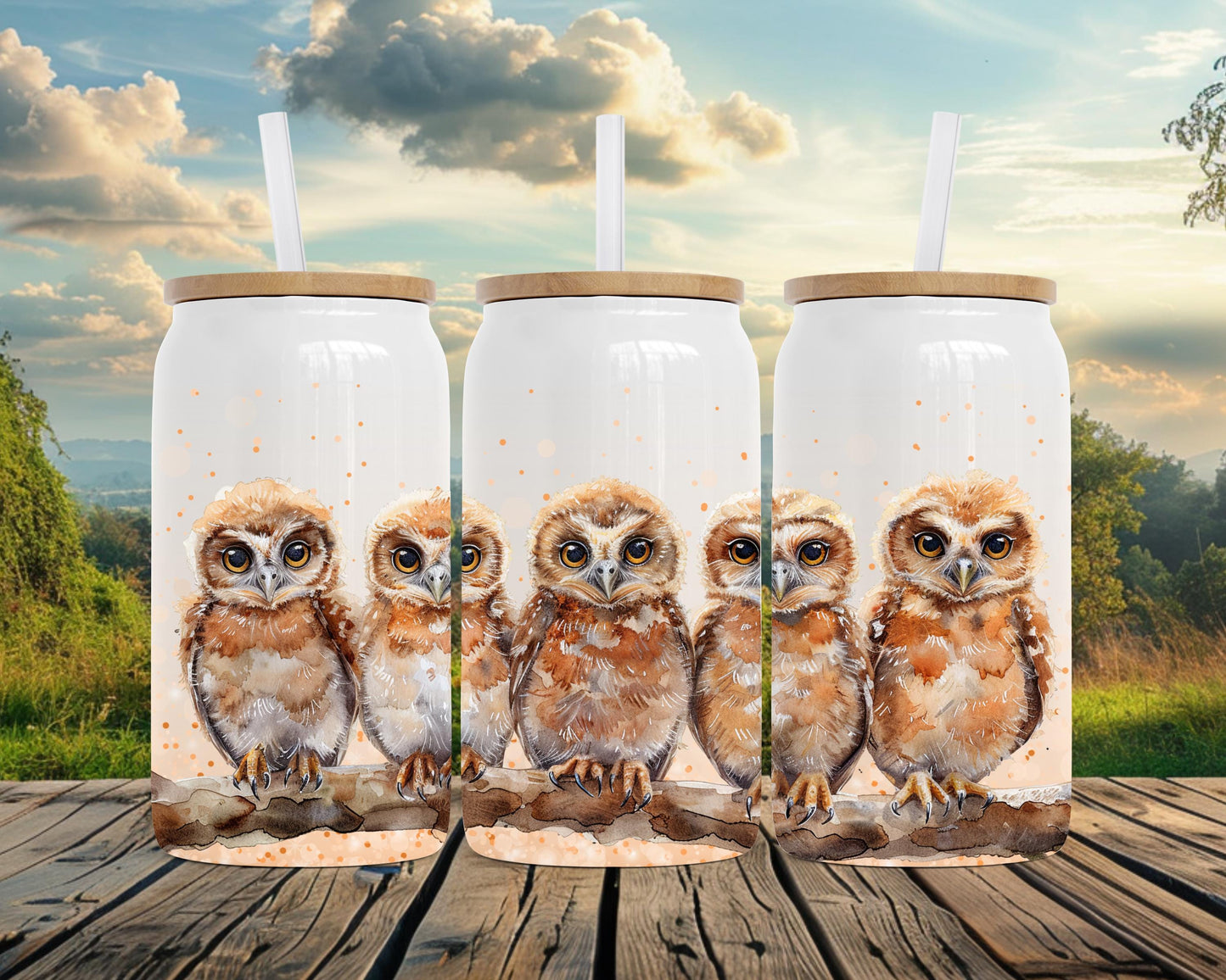 Eco-Friendly 16oz Stainless Steel Can with Bamboo Lid, Five Owls Watercolor Art