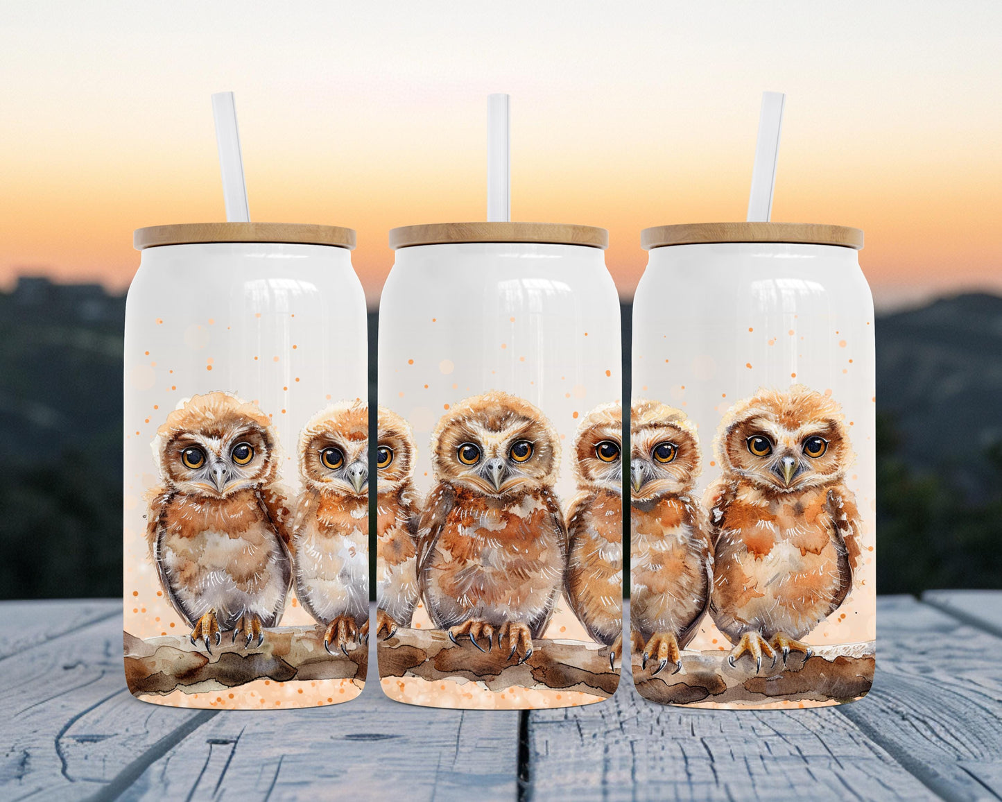 Eco-Friendly 16oz Stainless Steel Can with Bamboo Lid, Five Owls Watercolor Art