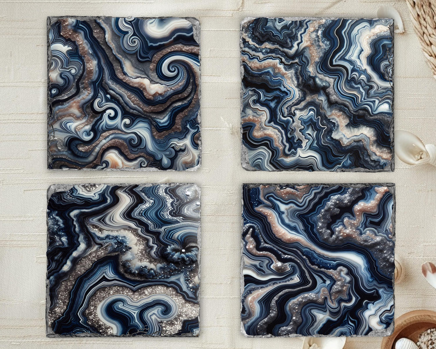 Navy Blue Silver Agate Pattern Slate Coasters - Set of 4 Ideal Housewarming Gift for Boho Home Decor