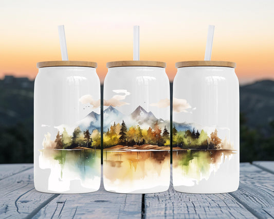 Eco-Friendly Stainless Steel Soda Can with Bamboo Lid, Mountain Watercolor Print