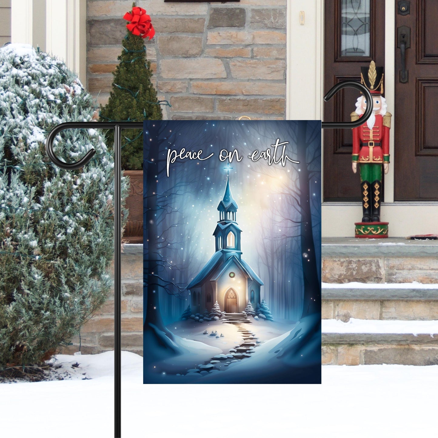 Garden Flag - Vintage Church Winter Scene 12x18 Inch Peace On Earth Design