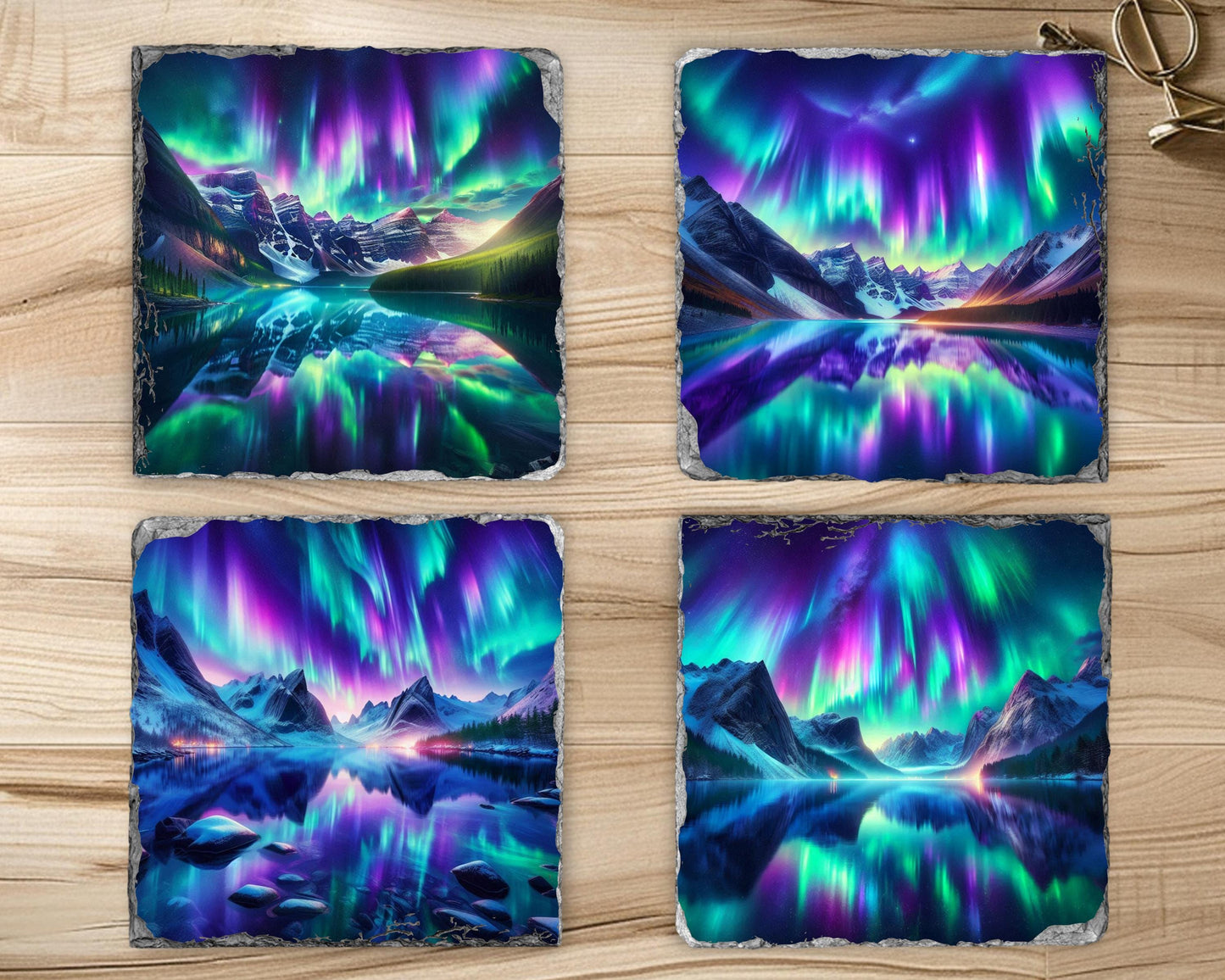 Northern Lights Slate Coaster Set with Rack - Rustic Mountain Lake Design Perfect for Holiday Gifting